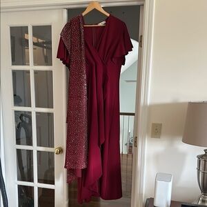 Burgundy Asymmetrical Gown with Flutter Sleeves and V-Neck